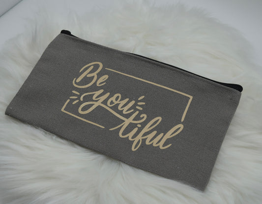 Kosmetiktasche „Be-you-tiful“ – Handgefertigte Schminktasche in Grau & Gold – Perfektes Geschenk