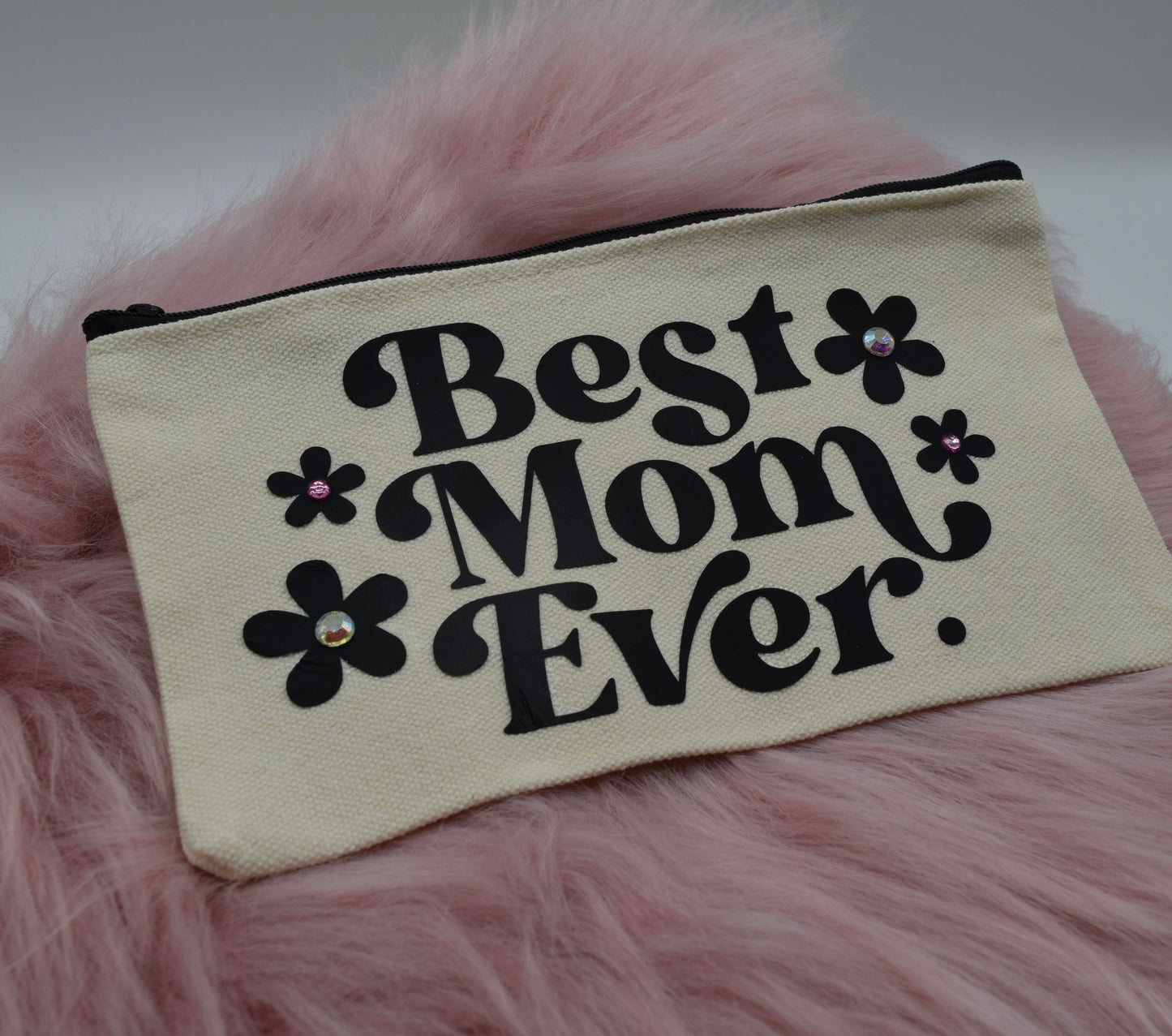 Handgemachte Kosmetiktasche „Best Mom Ever“ – Schminktasche mit edlen Glitzersteinen – Perfekte Geschenkidee für Mama