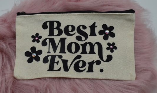 Handgemachte Kosmetiktasche „Best Mom Ever“ – Schminktasche mit edlen Glitzersteinen – Perfekte Geschenkidee für Mama