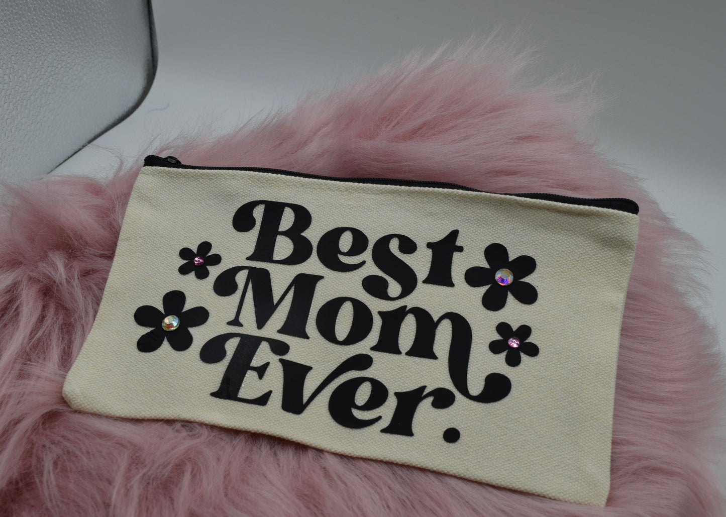 Handgemachte Kosmetiktasche „Best Mom Ever“ – Schminktasche mit edlen Glitzersteinen – Perfekte Geschenkidee für Mama