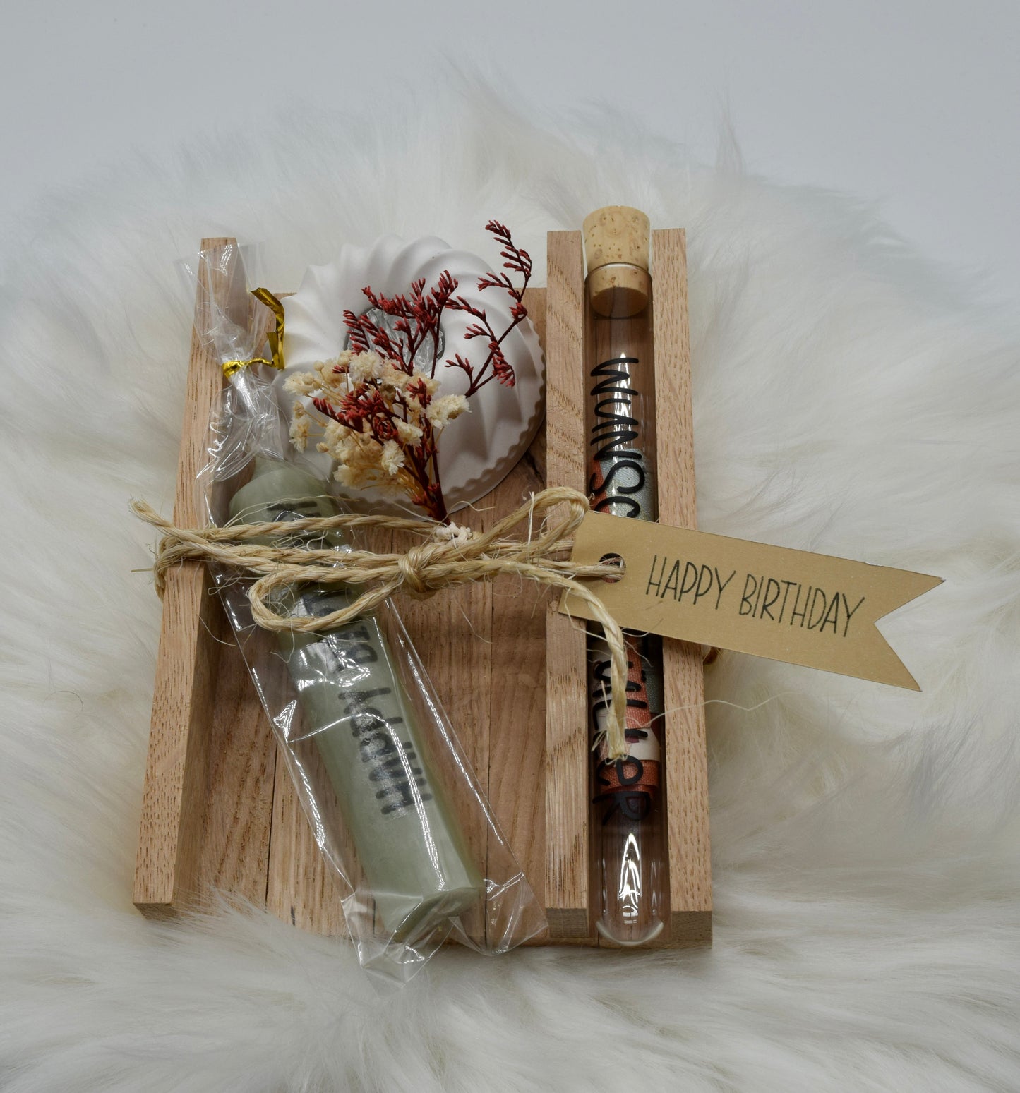 Handgemachtes Geschenkset Geldgeschenk zum Geburtstag – Kerze, Mini-Gugelhupf-Kerzenhalter & Wunscherfüller