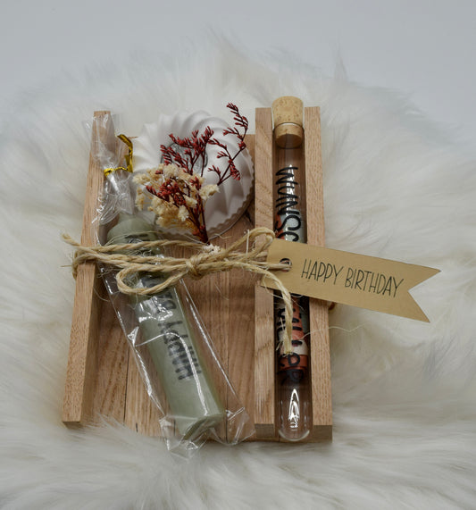 Handgemachtes Geschenkset Geldgeschenk zum Geburtstag – Kerze, Mini-Gugelhupf-Kerzenhalter & Wunscherfüller