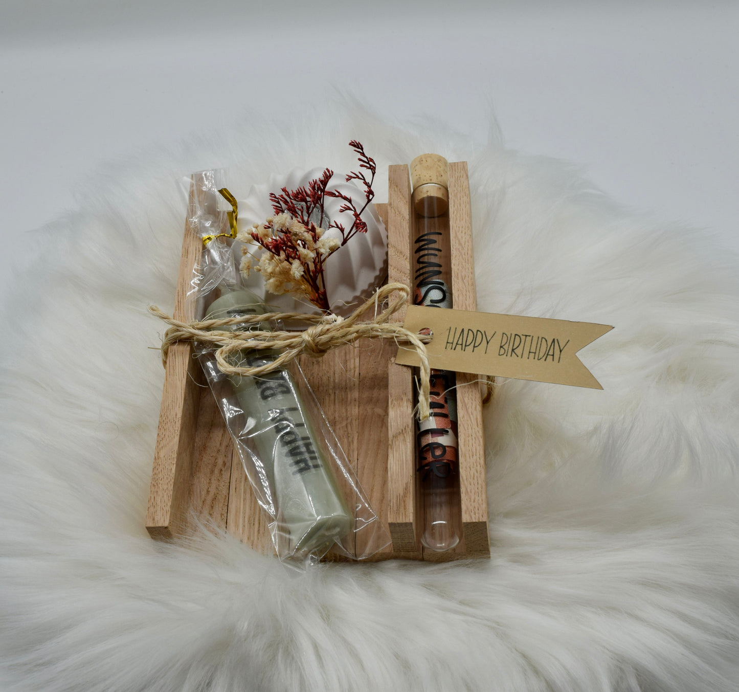 Handgemachtes Geschenkset Geldgeschenk zum Geburtstag – Kerze, Mini-Gugelhupf-Kerzenhalter & Wunscherfüller