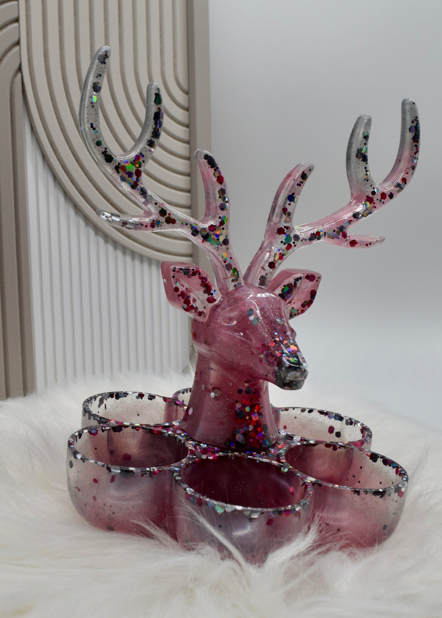 Resin Hirsch Schmuckhalter – Handmade Schmuckablage mit Glitzer & Fächern – Personalisierbar