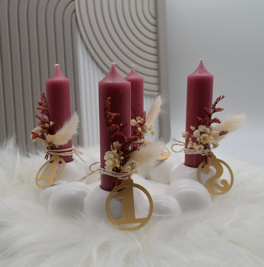 Adventskranz Bubble – Moderner Kerzenhalter mit Kerzen, Trockenblumen & Zahlenanhängern