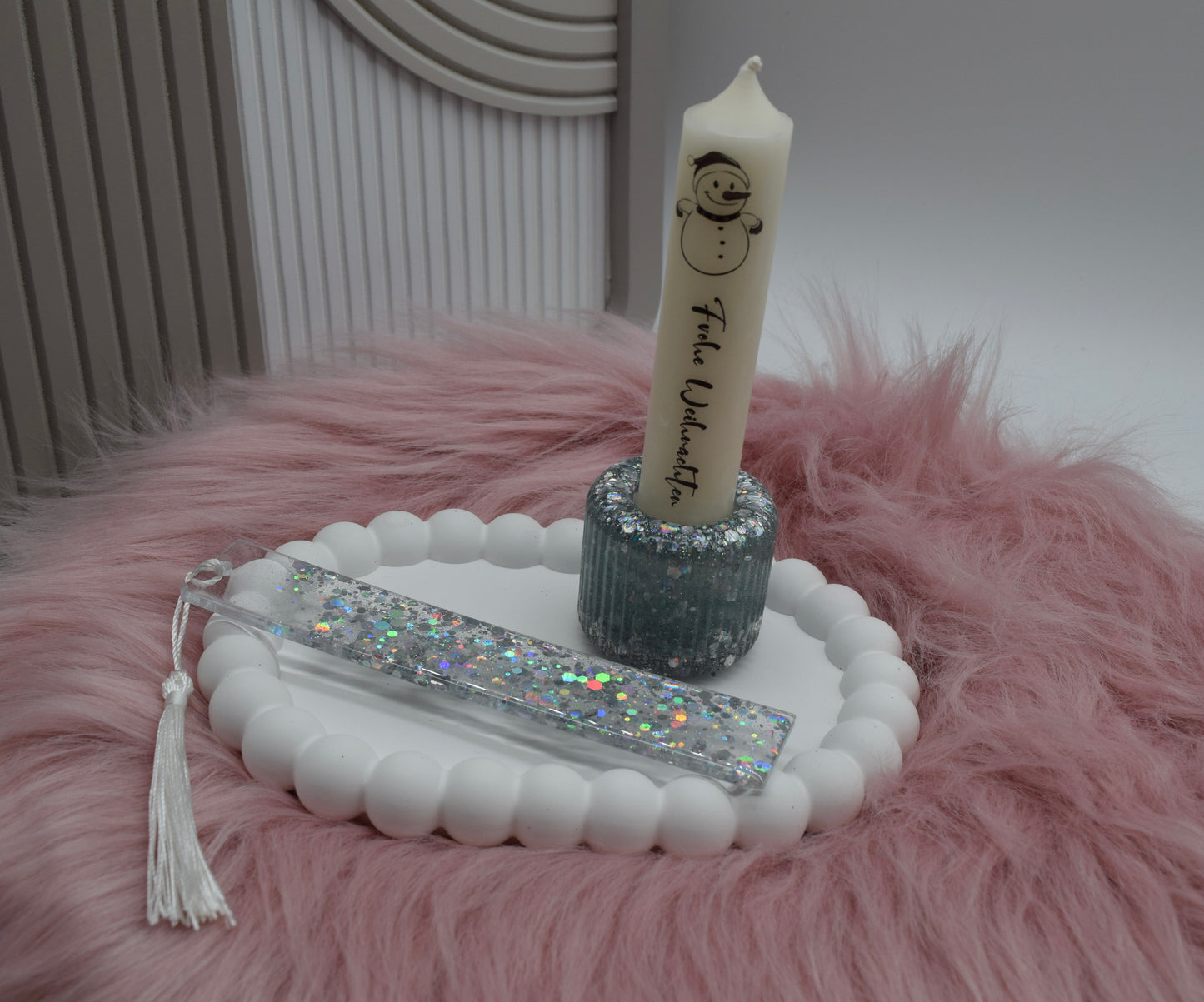 Weihnachts Geschenkset – Bubble-Teller, Glitzer-Lesezeichen & Kerzenhalter mit Kerze „Frohe Weihnachten“