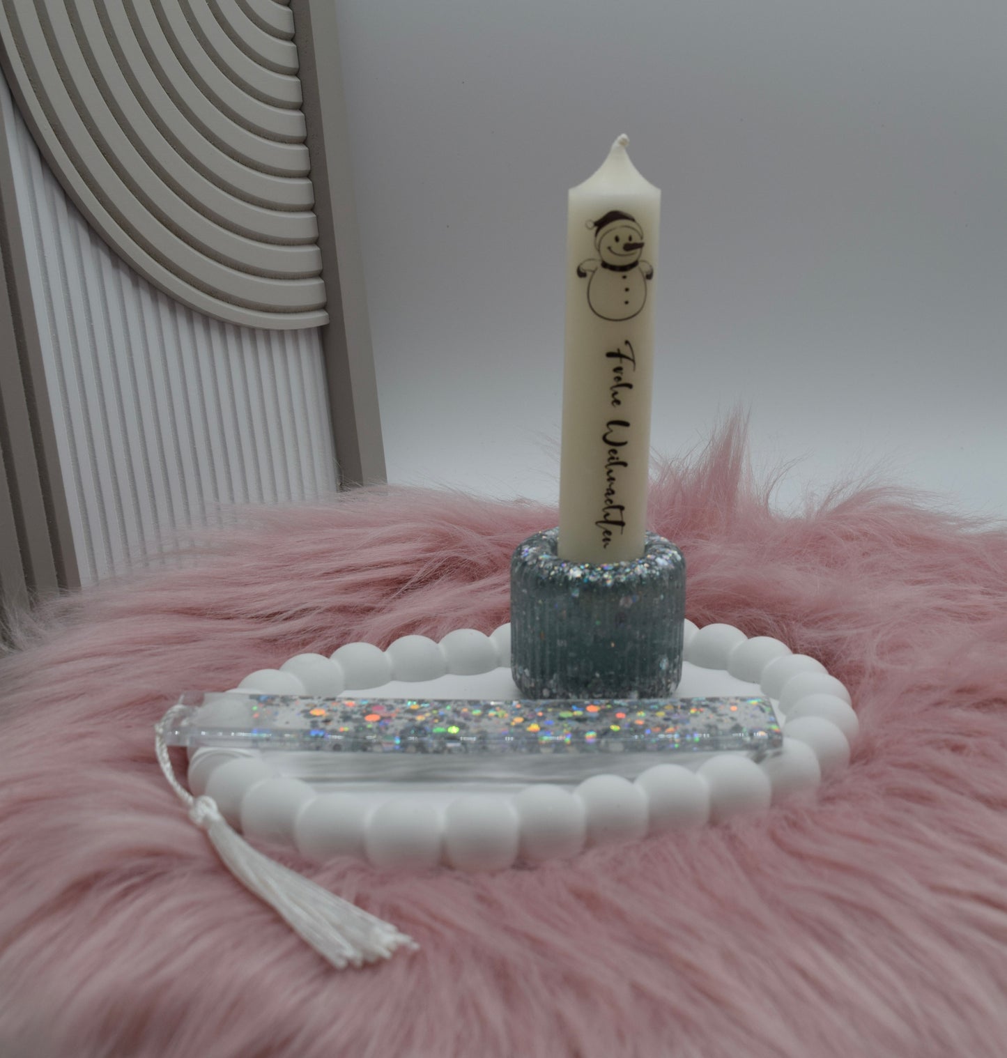 Weihnachts Geschenkset – Bubble-Teller, Glitzer-Lesezeichen & Kerzenhalter mit Kerze „Frohe Weihnachten“