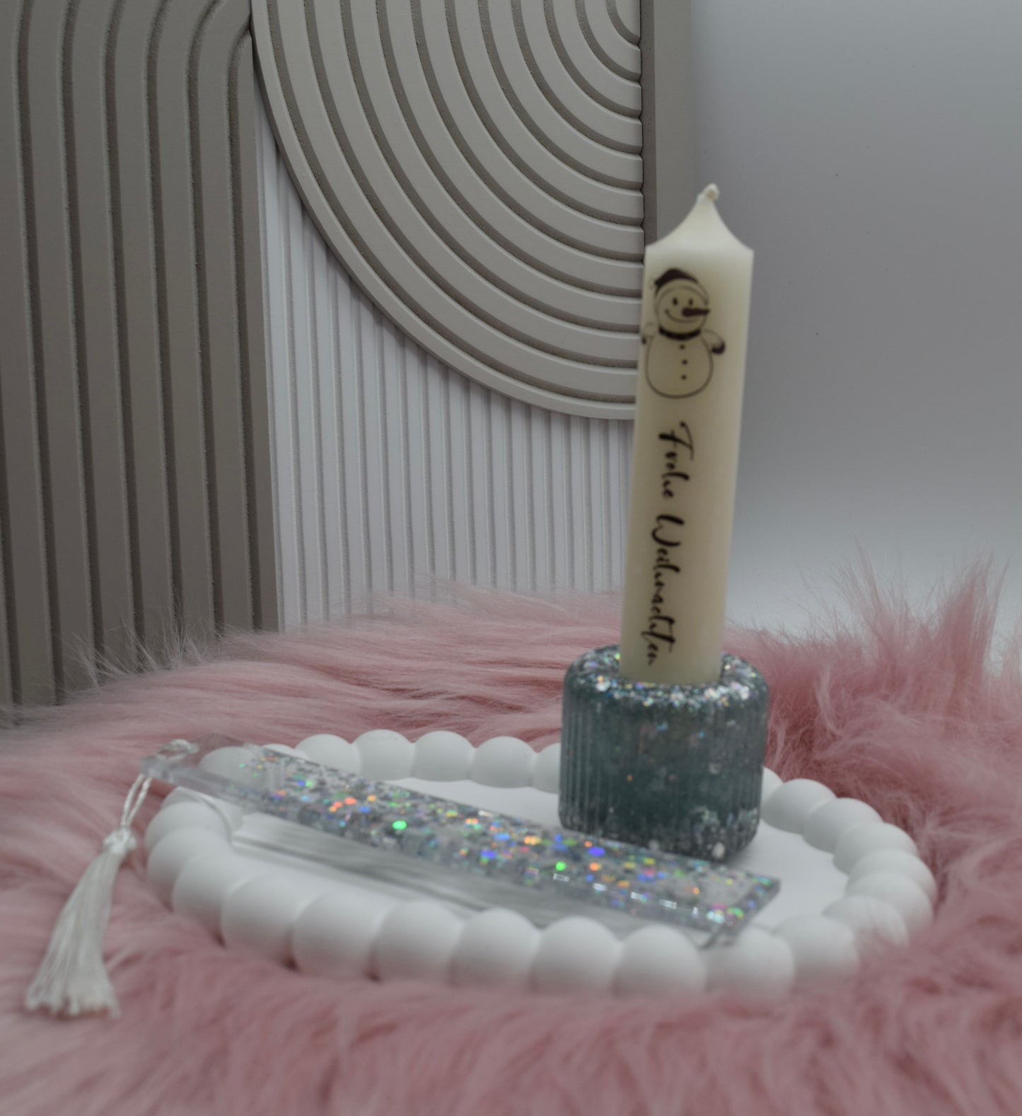 Weihnachts Geschenkset – Bubble-Teller, Glitzer-Lesezeichen & Kerzenhalter mit Kerze „Frohe Weihnachten“