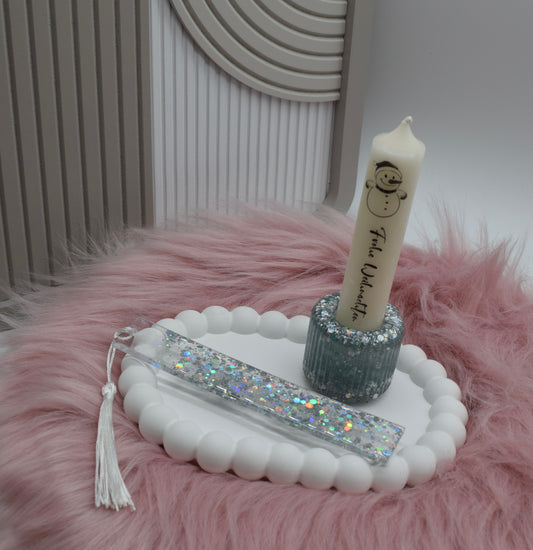 Weihnachts Geschenkset – Bubble-Teller, Glitzer-Lesezeichen & Kerzenhalter mit Kerze „Frohe Weihnachten“