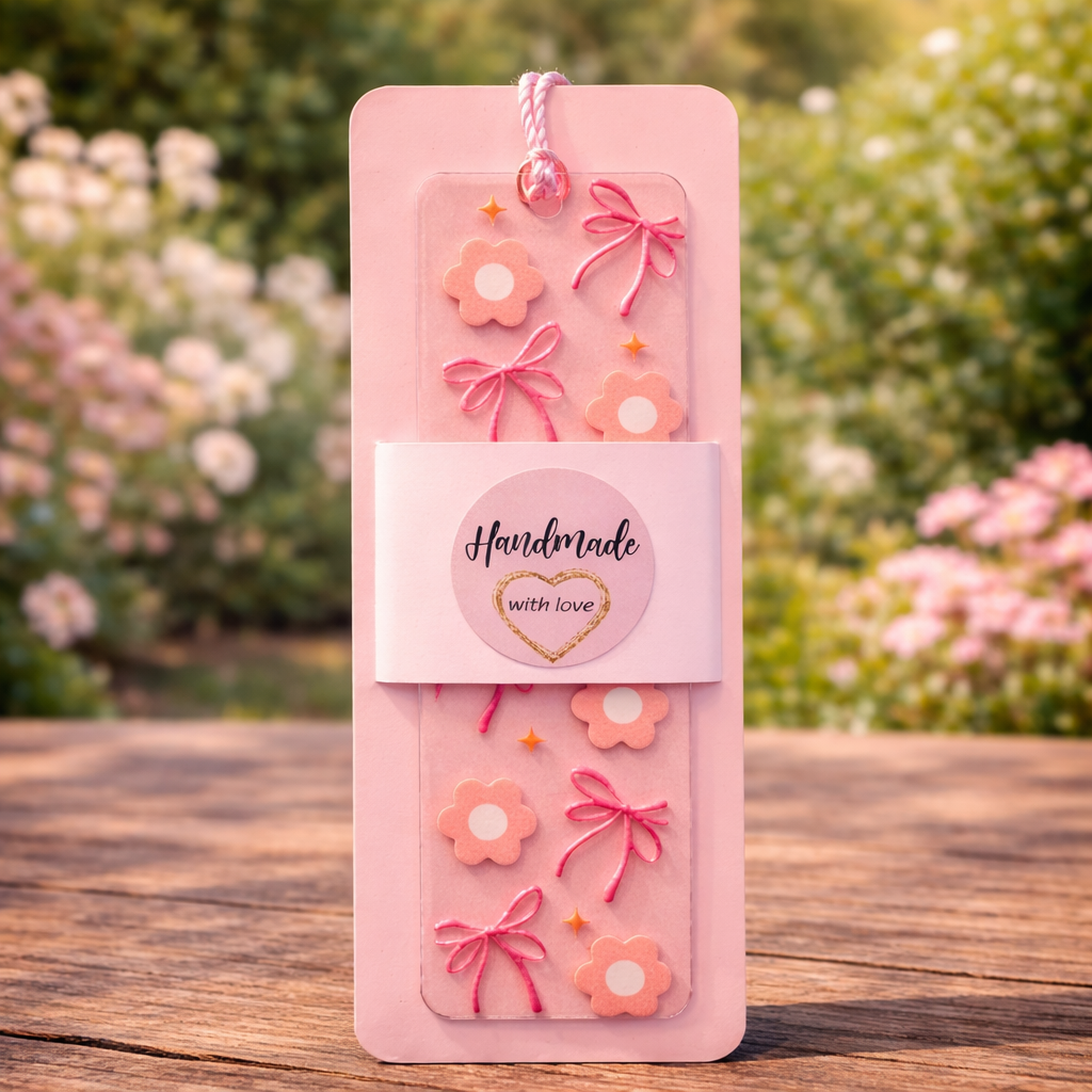 Acryl Lesezeichen mit Quaste | Blumen rosa Schleifen Design