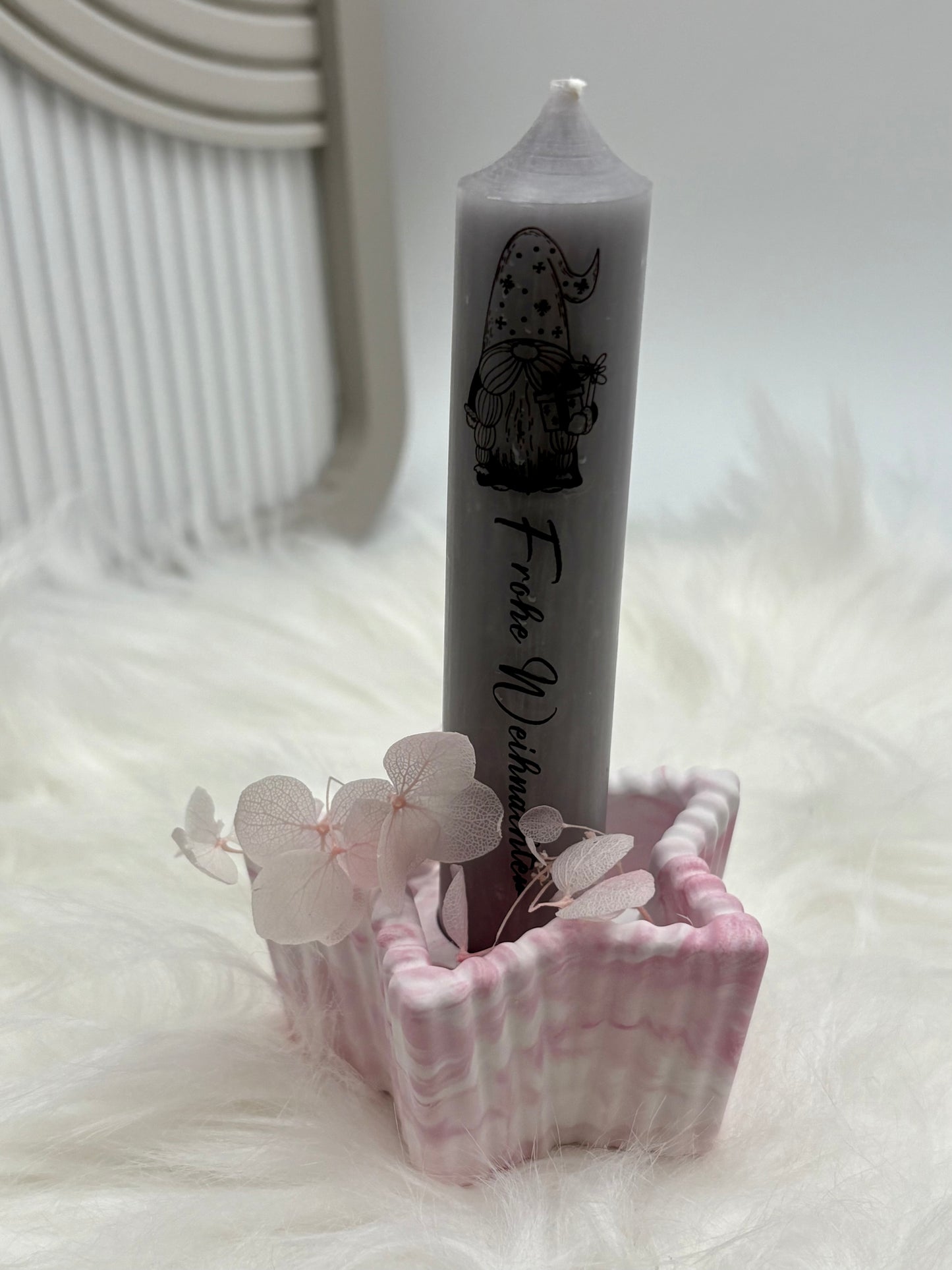 Stern Kerzenhalter mit Kerze „Frohe Weihnachten“ & Wichtel – Handgemachte Weihnachtsdeko im Marmor-Look