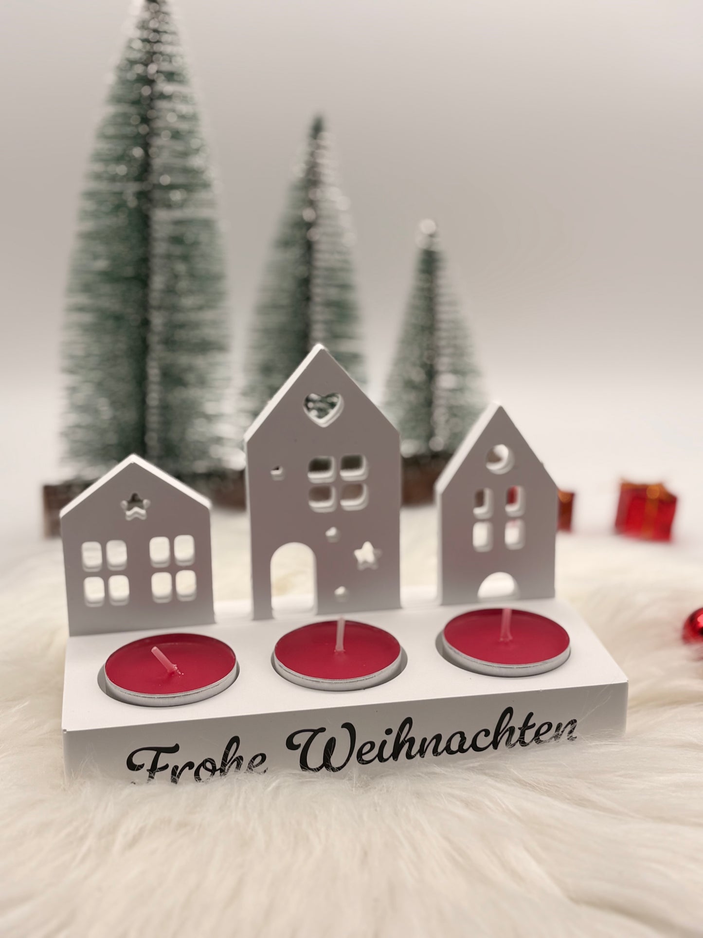 Kerzenhalter „Frohe Weihnachten“ mit Häuser-Motiv – Weihnachtsdeko & Geschenkidee
