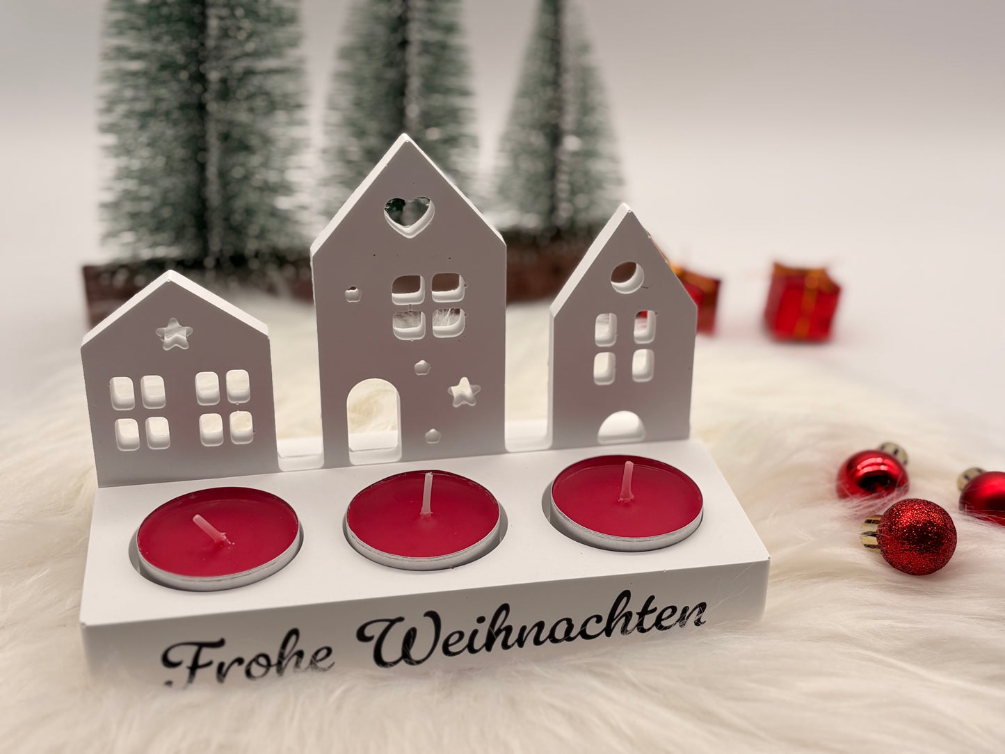 Kerzenhalter „Frohe Weihnachten“ mit Häuser-Motiv – Weihnachtsdeko & Geschenkidee