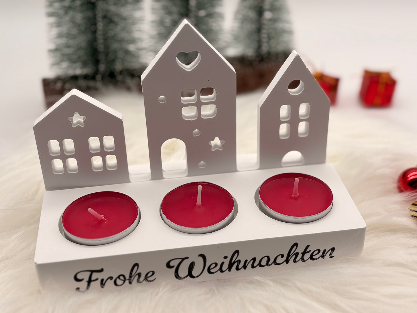 Kerzenhalter „Frohe Weihnachten“ mit Häuser-Motiv – Weihnachtsdeko & Geschenkidee