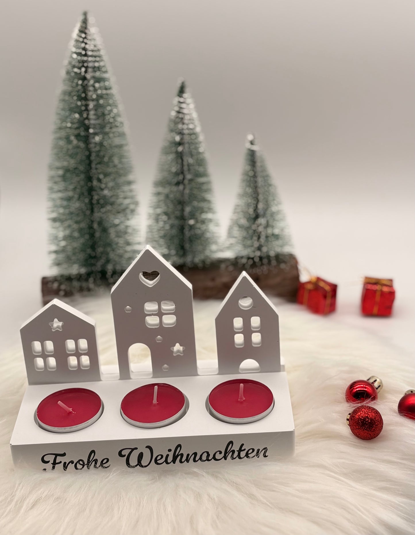 Kerzenhalter „Frohe Weihnachten“ mit Häuser-Motiv – Weihnachtsdeko & Geschenkidee