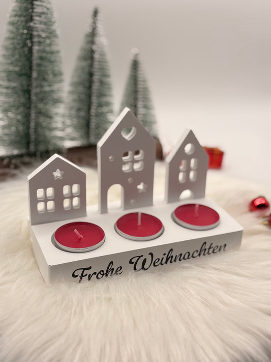 Kerzenhalter „Frohe Weihnachten“ mit Häuser-Motiv – Weihnachtsdeko & Geschenkidee