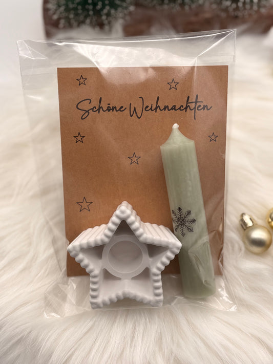 Weihnachtsgeschenk-Set mit Stern-Kerzenhalter & Kerze – Kleine Aufmerksamkeit zu Weihnachten