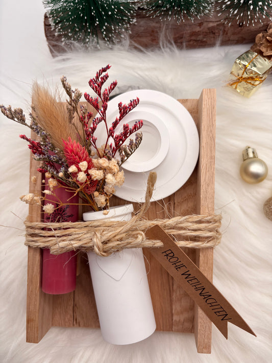 Weihnachtsgeschenk-Set mit Kerzenhalter in Weiß | Handgemachtes Deko-Set mit Kerze & Trockenblumen