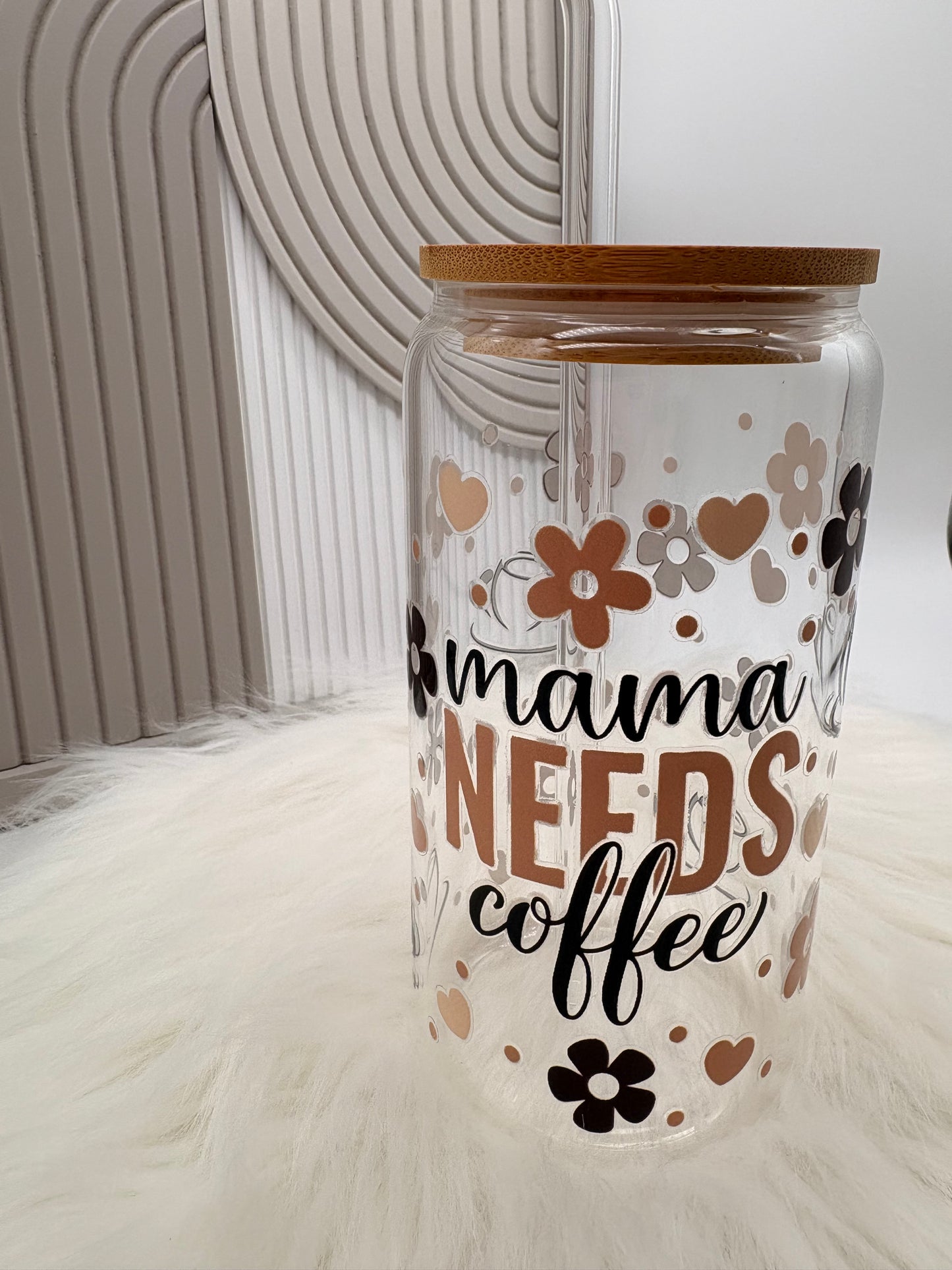 Trinkglas mit Deckel & Strohhalm für Mamas