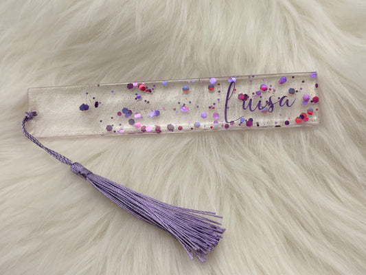 Personalisierbares Lesezeichen – Glitzer lila mit Namen personalisierbar
