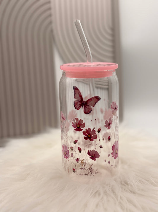 Trinkglas mit Deckel & Strohhalm - Blumen und Schmetterling Design