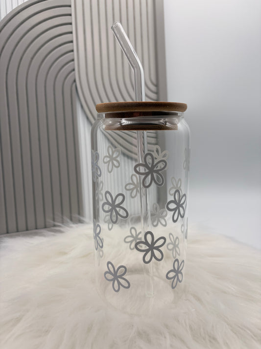 Trinkglas mit Deckel & Strohhalm - Blumen grau