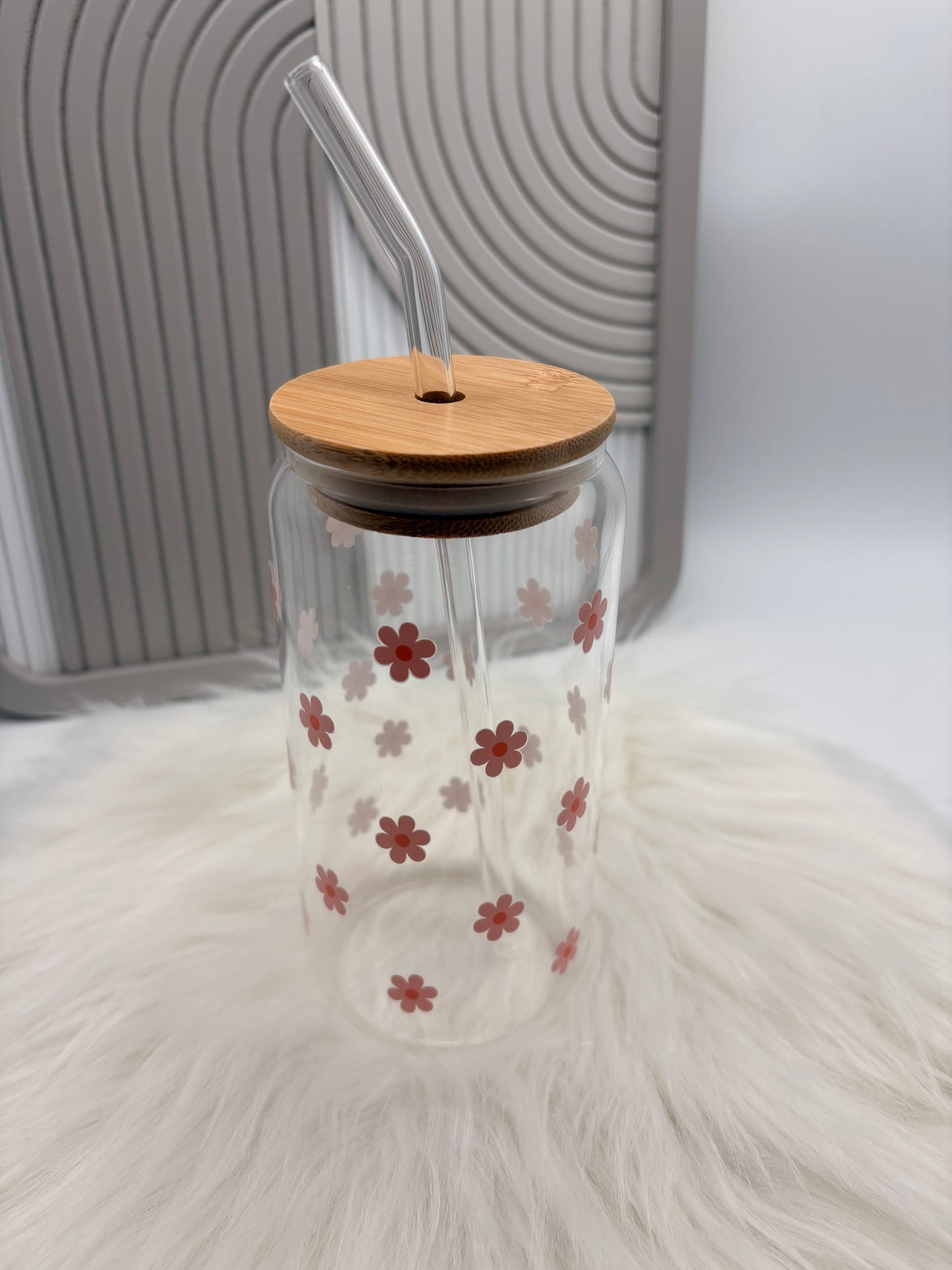 Trinkglas mit Deckel & Strohhalm - Gänseblümchen rosa