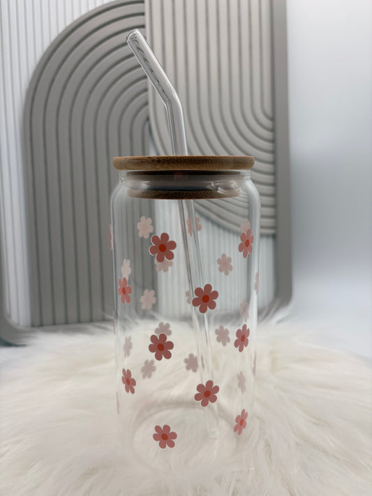 Trinkglas mit Deckel & Strohhalm - Gänseblümchen rosa