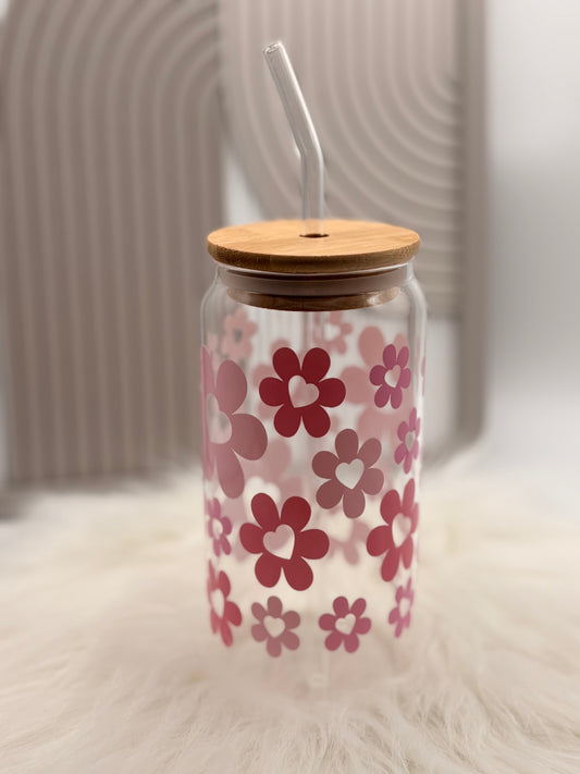 Trinkglas mit Deckel & Strohhalm - Herzblumen
