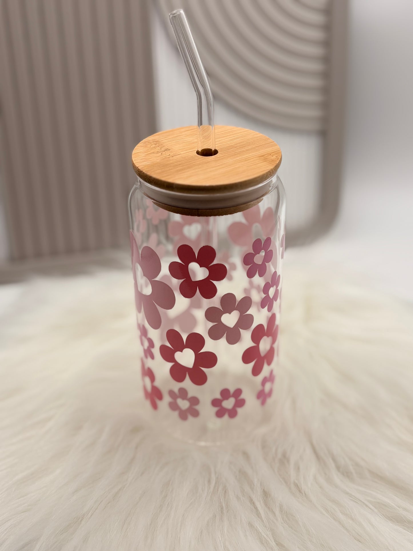 Trinkglas mit Deckel & Strohhalm - Herzblumen