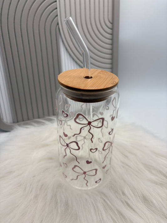 Trinkglas mit Deckel & Strohhalm - Rosa Schleifen