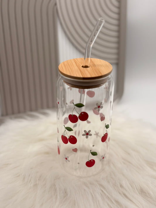 Trinkglas mit Deckel & Strohhalm - Kirschen
