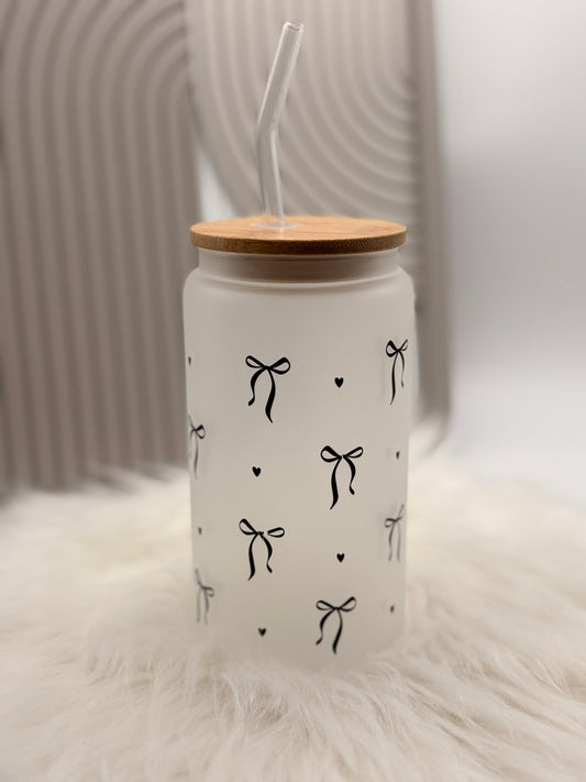 Trinkglas mit Deckel & Strohhalm - schwarze Schleifen