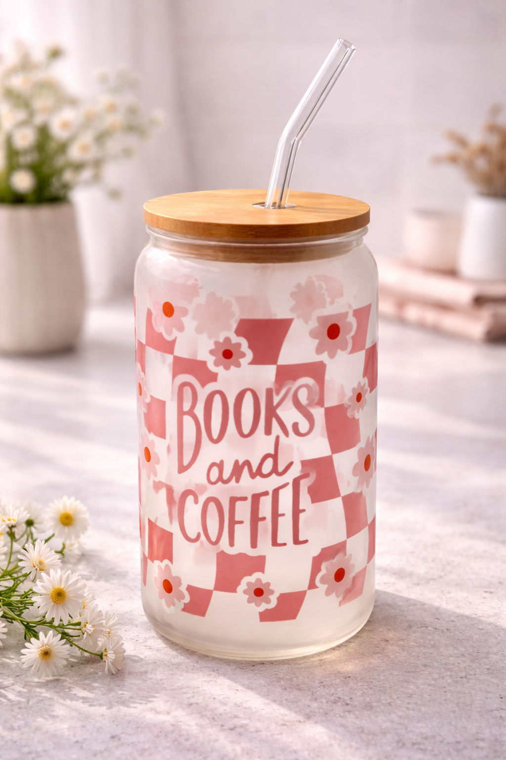 Trinkglas mit Deckel & Strohhalm - Books and coffee