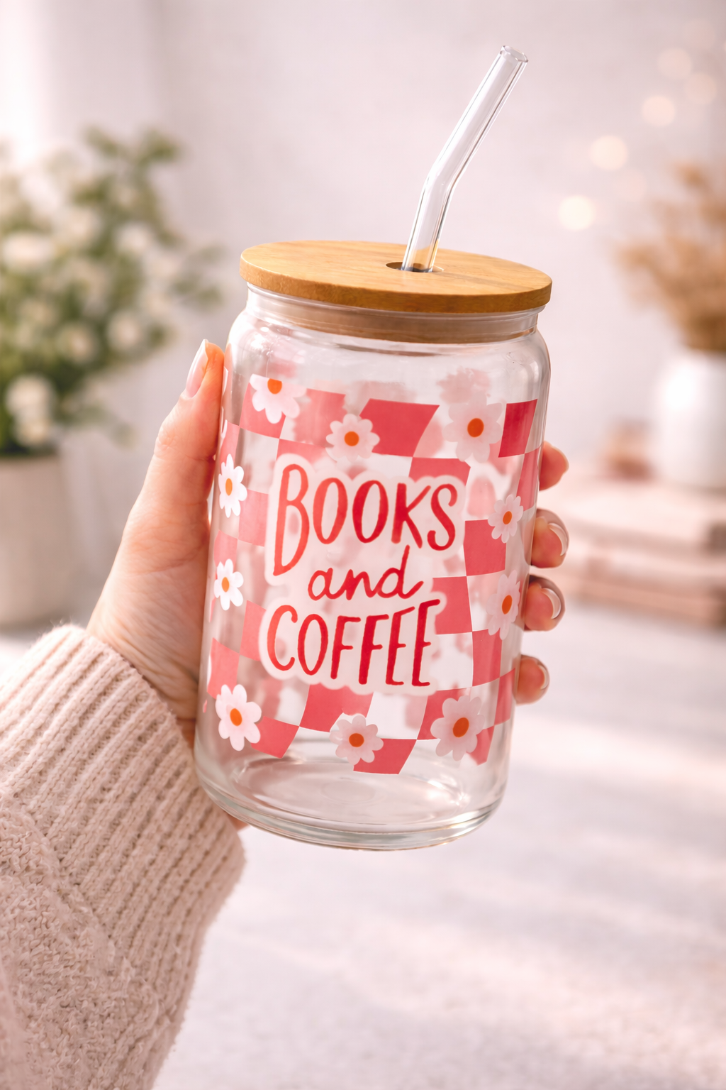 Trinkglas mit Deckel & Strohhalm - Books and coffee