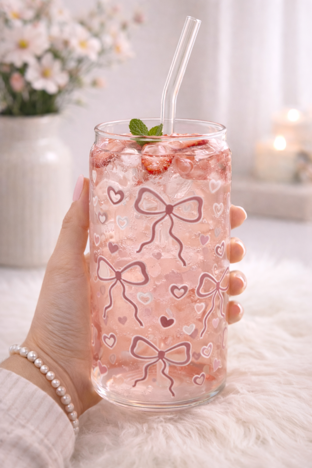 Trinkglas mit Deckel & Strohhalm - Rosa Schleifen