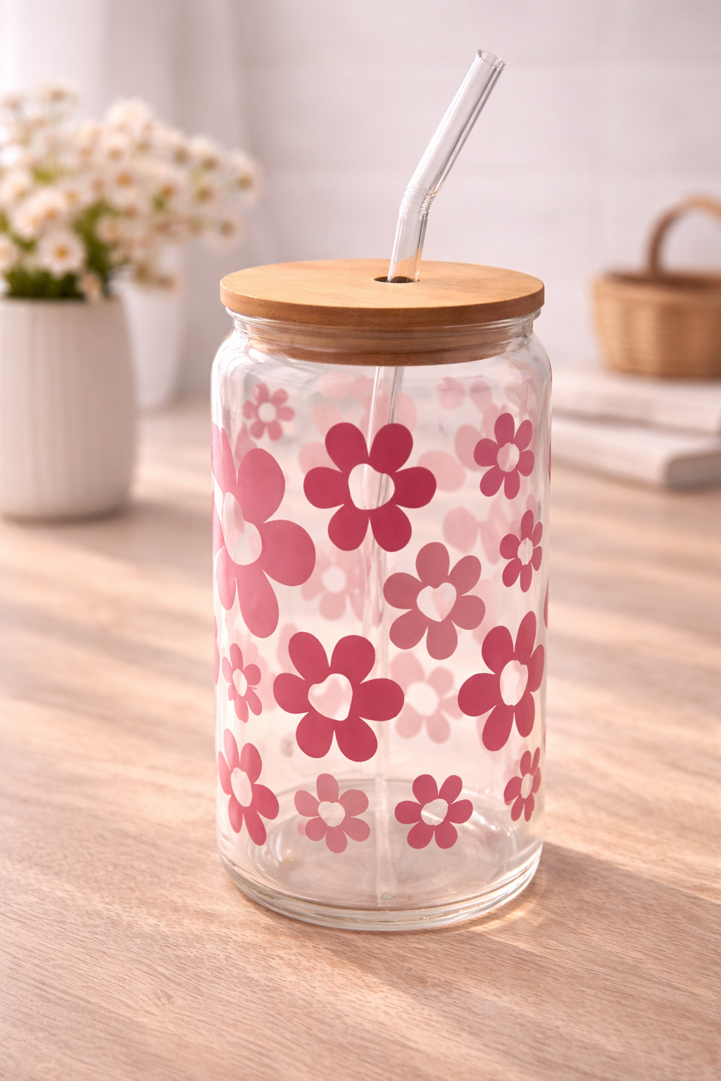 Trinkglas mit Deckel & Strohhalm - Herzblumen