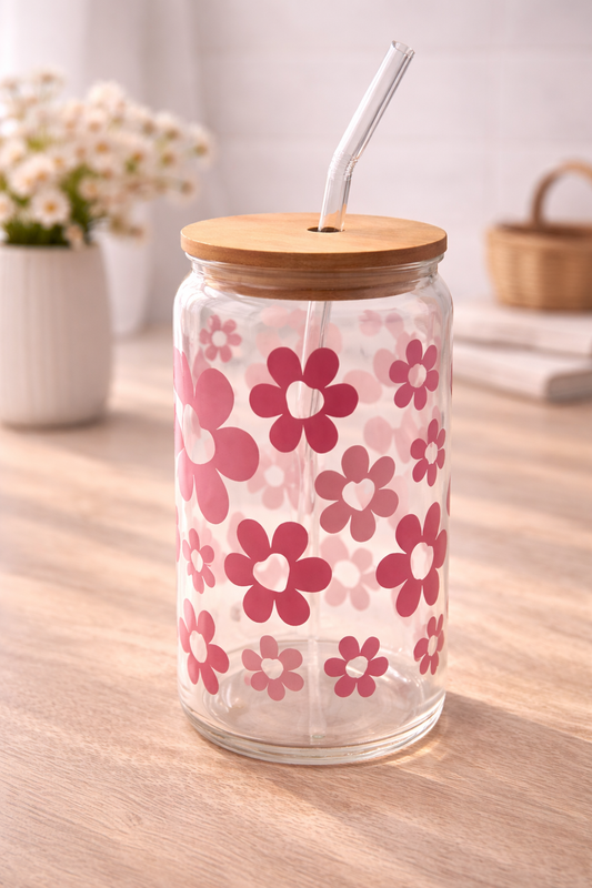 Trinkglas mit Deckel & Strohhalm - Herzblumen