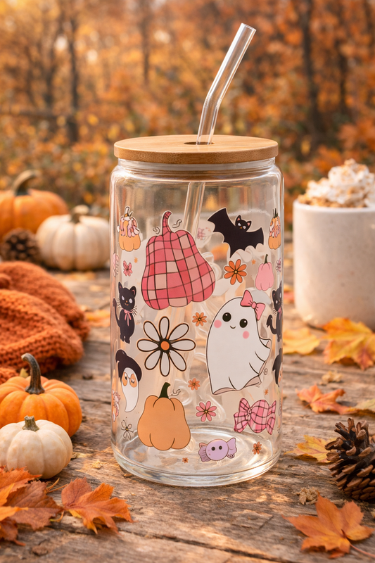 Halloween Trinkglas mit Deckel & Strohhalm – Süßes Geister- & Kürbis-Design