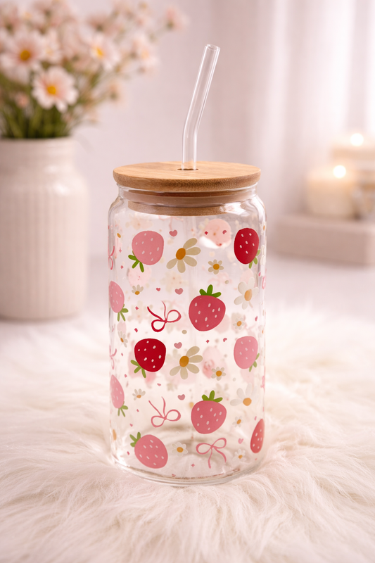 Trinkglas mit Deckel & Strohhalm - Erdbeeren