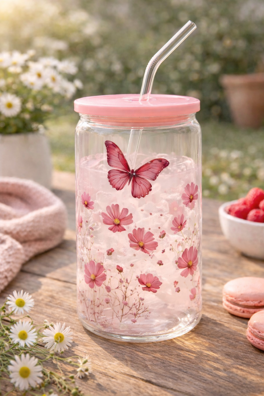Trinkglas mit Deckel & Strohhalm - Blumen und Schmetterling Design